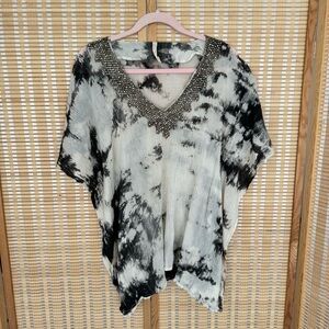 LOVE SAM tie dye Crinkled Cotton Jewel Embellished Neck Tunic Blouse Top, sz XS